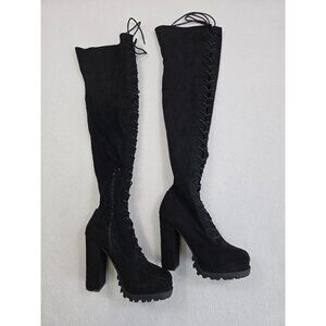 Wild Diva Size 7 Black Lace-Up Platform Over the Knee Boots Block Heel